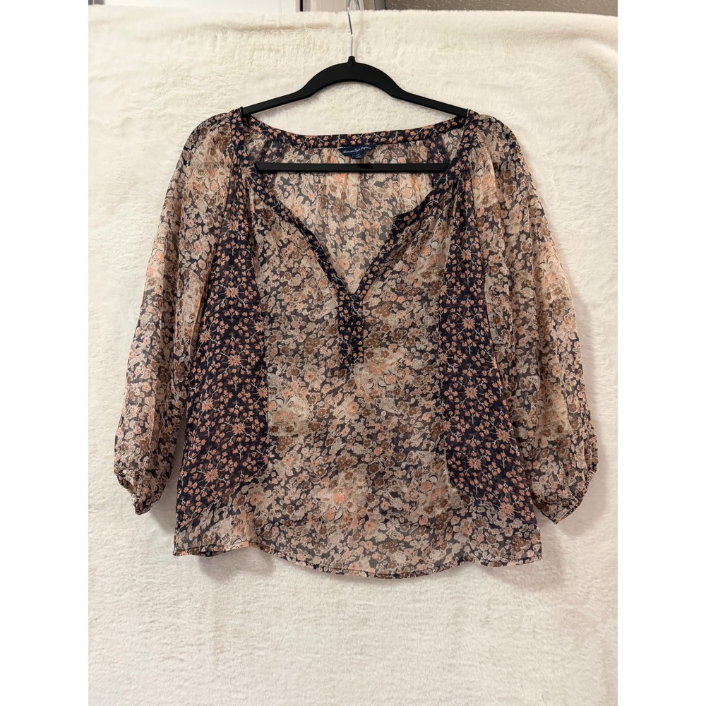 American Eagle Floral Peasant Blouse Small Navy Peach Sheer V-Neck Boho Top 5112